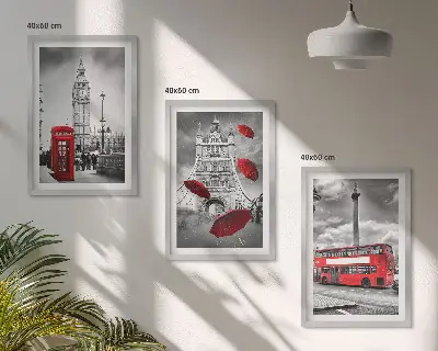 Set of 3 framed wall art pieces Red umbrella booth and London bus