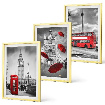 Set of 3 framed wall art pieces Red umbrella booth and London bus