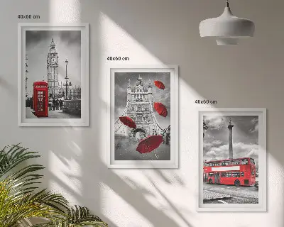 Set of 3 framed wall art pieces featuring a red umbrella booth and a London bus