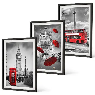 Set of 3 framed wall art pieces featuring a red umbrella booth and a London bus
