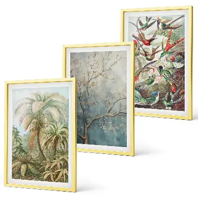 Wall art set featuring tropical plants and birds in nature