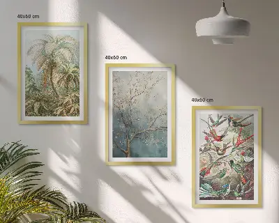 Wall art set featuring tropical plants and birds in nature