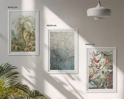 Wall art set featuring tropical plants and birds in nature