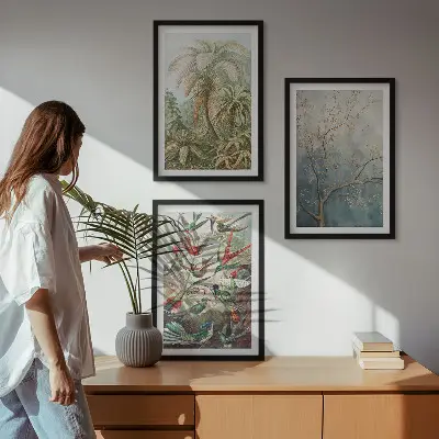 Wall art set featuring tropical plants and birds in nature