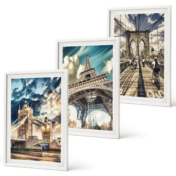 Three-piece wall art set featuring European bridges and city towers