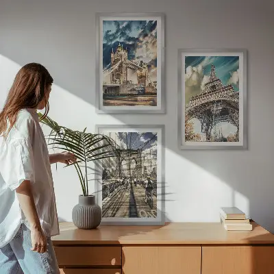 Three-piece wall art set featuring European bridges and city towers