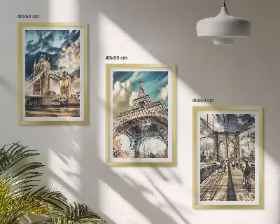 Three-piece wall art set featuring European bridges and city towers