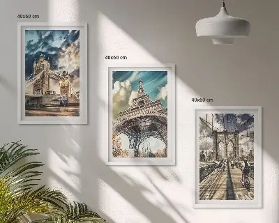 Three-piece wall art set featuring European bridges and city towers
