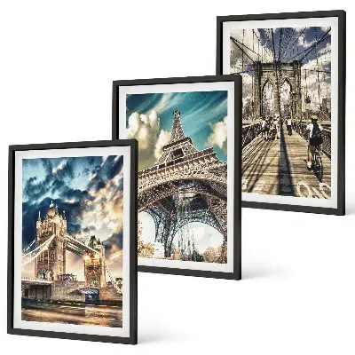 Three-piece wall art set featuring European bridges and city towers
