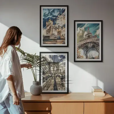 Three-piece wall art set featuring European bridges and city towers