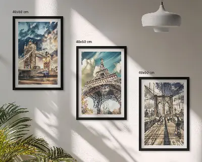 Three-piece wall art set featuring European bridges and city towers
