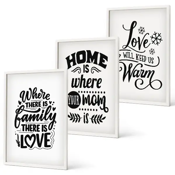 Three-piece wall art set featuring sentiments on family, love, home, and warmth