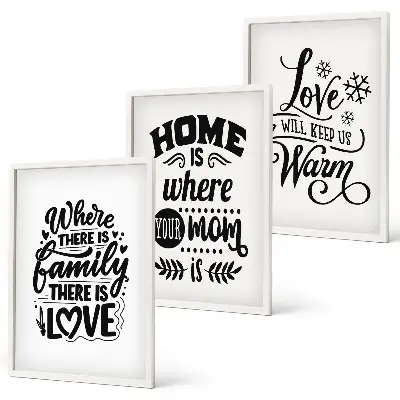 Three-piece wall art set featuring sentiments on family, love, home, and warmth