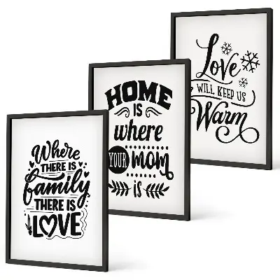 Three-piece wall art set featuring sentiments on family, love, home, and warmth