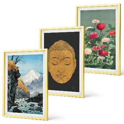 Set of 3 framed wall art pieces featuring japanese nature japandi culture design