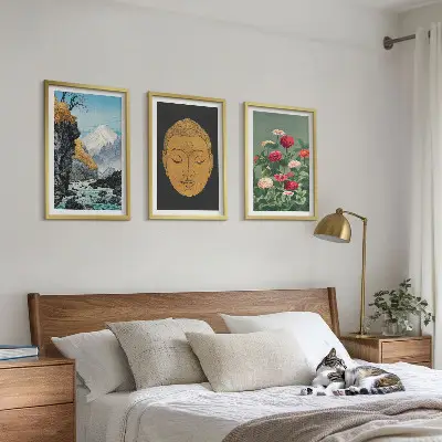 Set of 3 framed wall art pieces featuring japanese nature japandi culture design