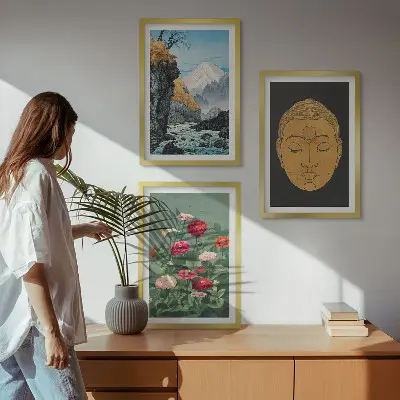 Set of 3 framed wall art pieces featuring japanese nature japandi culture design