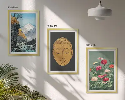 Set of 3 framed wall art pieces featuring japanese nature japandi culture design