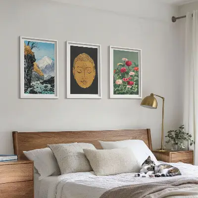 Set of 3 framed wall art pieces featuring japanese nature japandi culture design