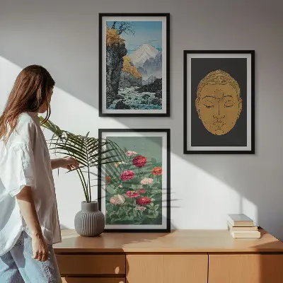 Set of 3 framed wall art pieces featuring japanese nature japandi culture design