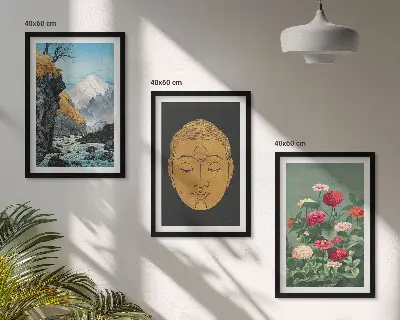 Set of 3 framed wall art pieces featuring japanese nature japandi culture design