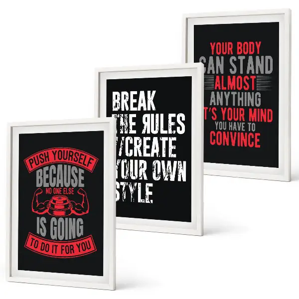 Set of 3 framed wall art pieces featuring motivation, training, and self-development themes