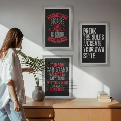 Set of 3 framed wall art pieces featuring motivation, training, and self-development themes