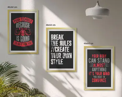 Set of 3 framed wall art pieces featuring motivation, training, and self-development themes