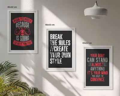 Set of 3 framed wall art pieces featuring motivation, training, and self-development themes