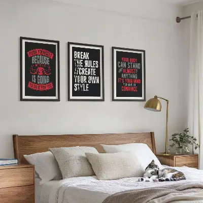Set of 3 framed wall art pieces featuring motivation, training, and self-development themes