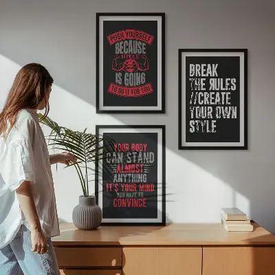 Set of 3 framed wall art pieces featuring motivation, training, and self-development themes