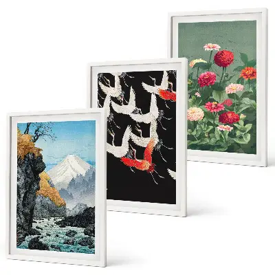 Wall art set featuring mountains, a waterfall, birds, and flowers