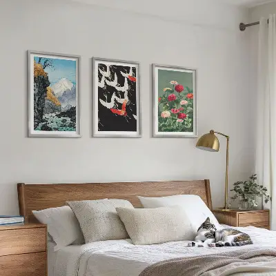 Wall art set featuring mountains, a waterfall, birds, and flowers