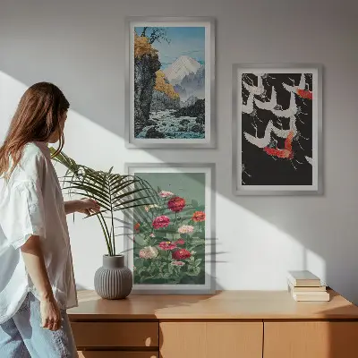 Wall art set featuring mountains, a waterfall, birds, and flowers