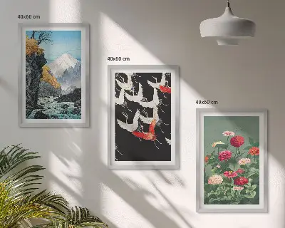 Wall art set featuring mountains, a waterfall, birds, and flowers