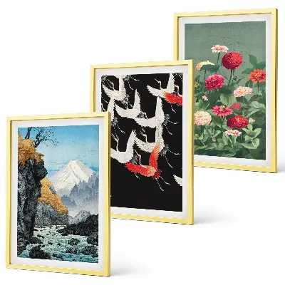Wall art set featuring mountains, a waterfall, birds, and flowers