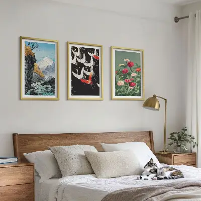 Wall art set featuring mountains, a waterfall, birds, and flowers