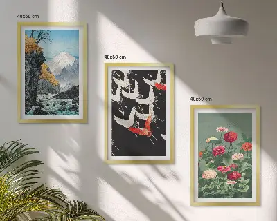 Wall art set featuring mountains, a waterfall, birds, and flowers
