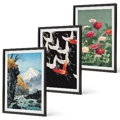 Wall art set featuring mountains, a waterfall, birds, and flowers
