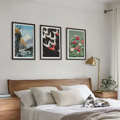 Wall art set featuring mountains, a waterfall, birds, and flowers