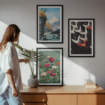 Wall art set Mountains waterfall birds flowers