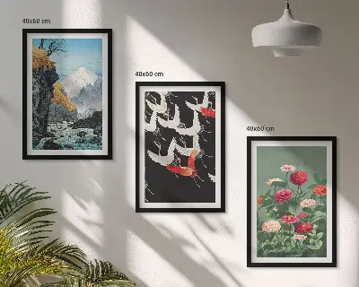 Wall art set featuring mountains, a waterfall, birds, and flowers