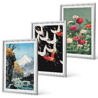 Wall art set featuring mountains, a waterfall, birds, and flowers