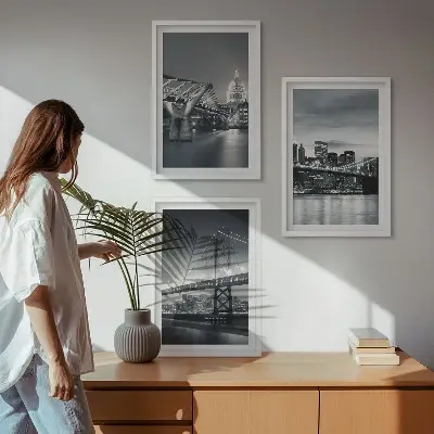 Wall art set featuring bridges and city architecture in gray