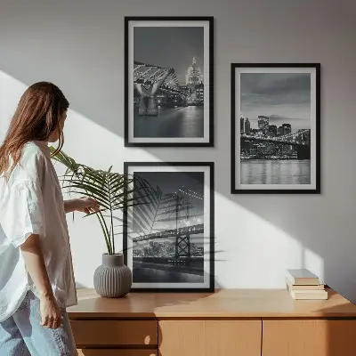 Wall art set featuring bridges and city architecture in gray
