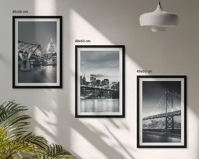 Wall art set featuring bridges and city architecture in gray