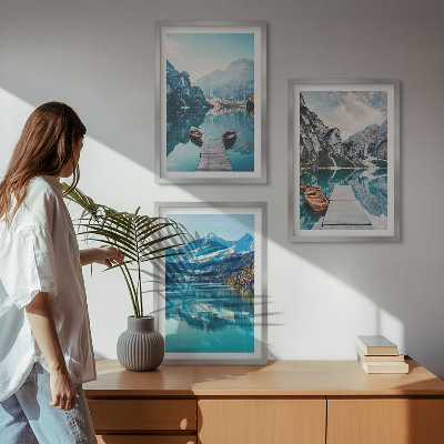 Three-piece wall art piece Mountain lakes boats reflection
