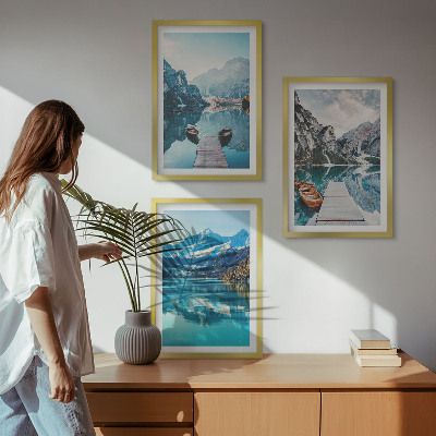Three-piece wall art piece Mountain lakes boats reflection