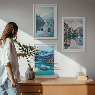 Three-piece wall art piece Mountain lakes boats reflection