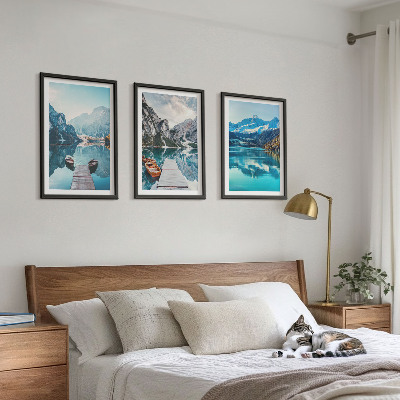 Three-piece wall art piece Mountain lakes boats reflection